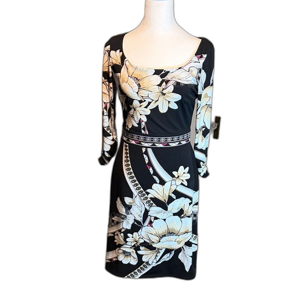 WHBM Black Cream Floral Scarf Print Jersey Midi Dress XS